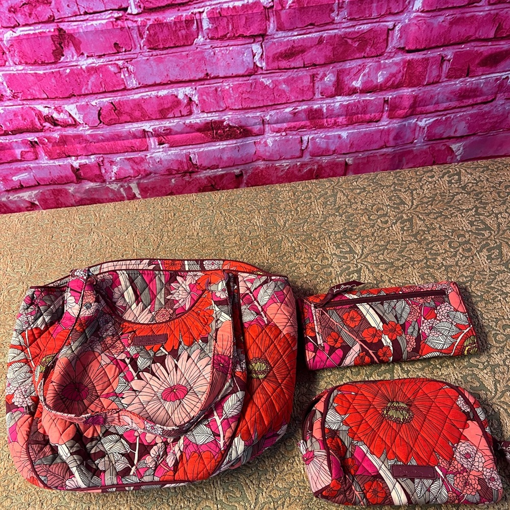 Vera Bradley Pink Floral Slim Tote Bag Purse, wallet and makeup bag